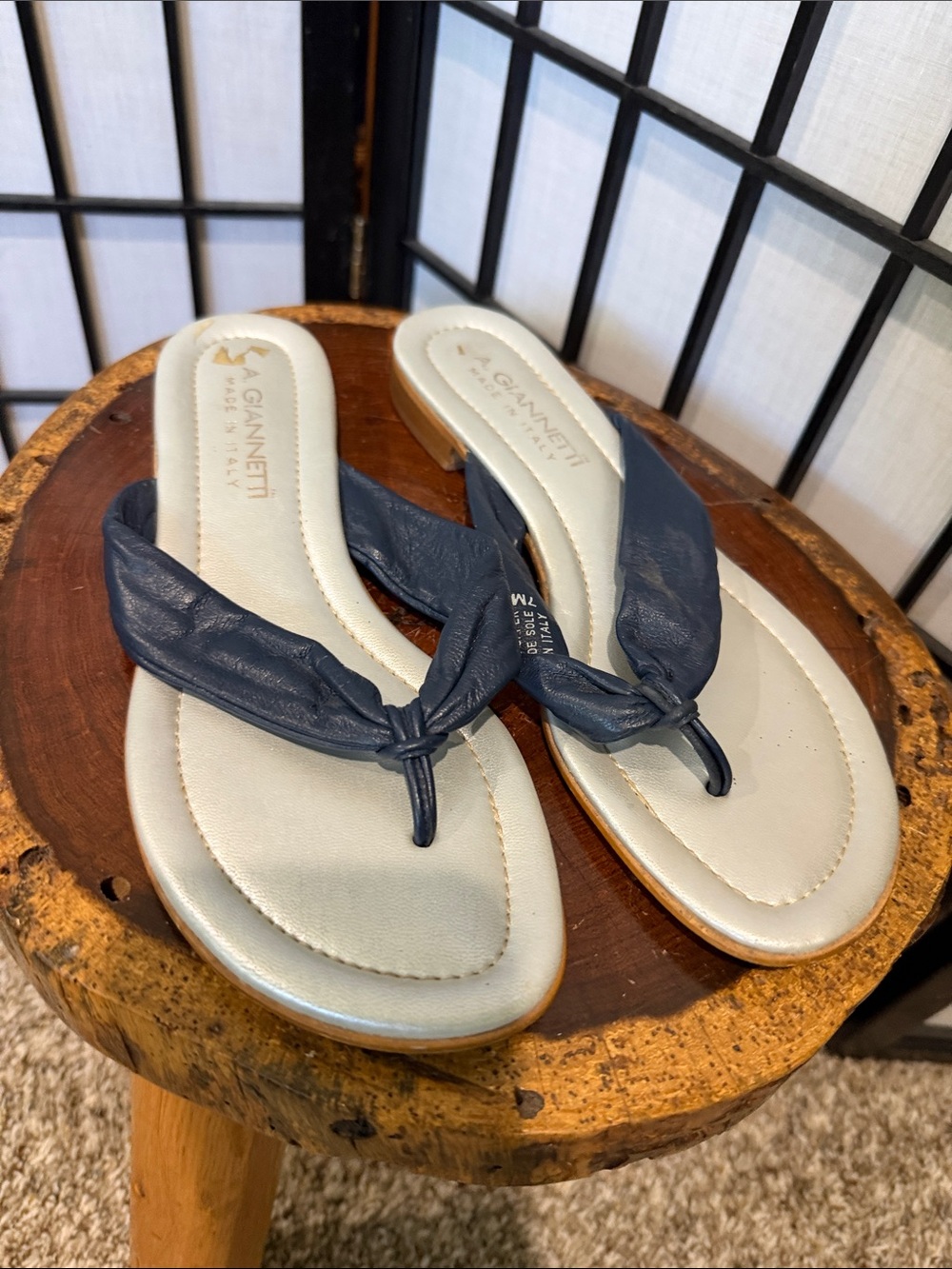 A. Giannetti Italian Navy Leather Knot Thong Sandals See Photos